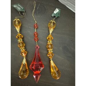 Amber Gold Red Acrylic Jeweled Teardrop Prism Beads  Ornaments Sears Set of 3